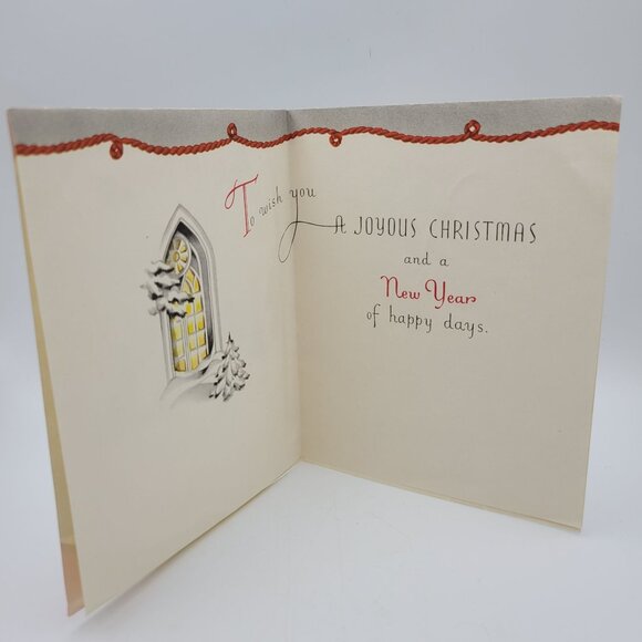 Vintage Silent Night Christmas Card With Red Rope Design & Snowy Church Scene - Picture 3 of 6